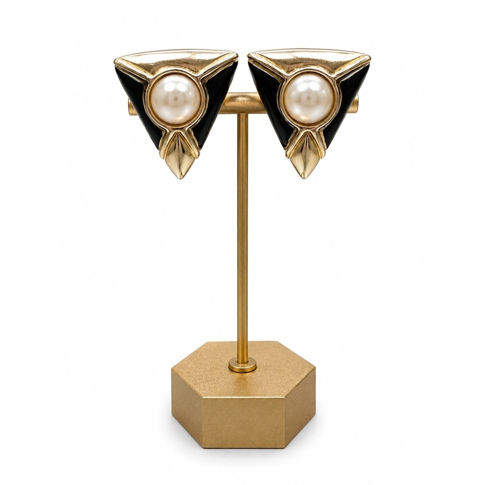Vintage 1980s NOS Black Enamel Faux Pearl Geometric Clip-On Statement Earrings